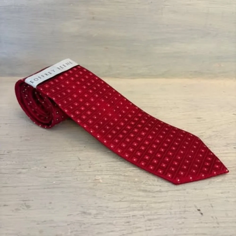 Geoffrey Beene 100% Silk Red w/ White Geometric Check Pattern Necktie 58